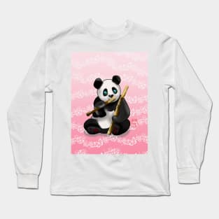 Cute panda with bamboo stalks on a pink background Long Sleeve T-Shirt